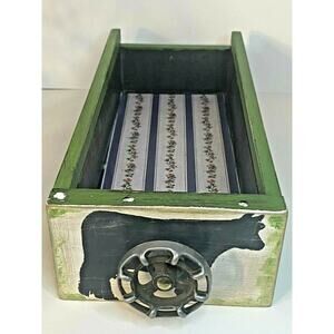 Farmhouse Wood Drawer Crate w/ Vintage Dairy Cow Spigot Handle, Green/Black
